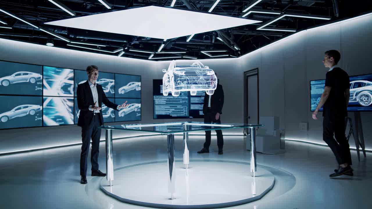Futuristic design video showing a man interacting with a holographic car model in a high-tech lab