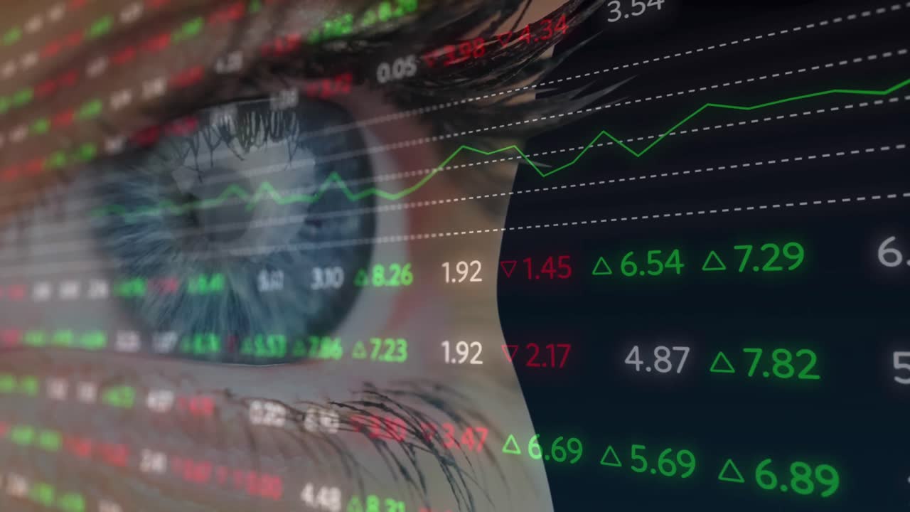Animasjon av finansiell databehandling over kvinnes øye på svart bakgrunn