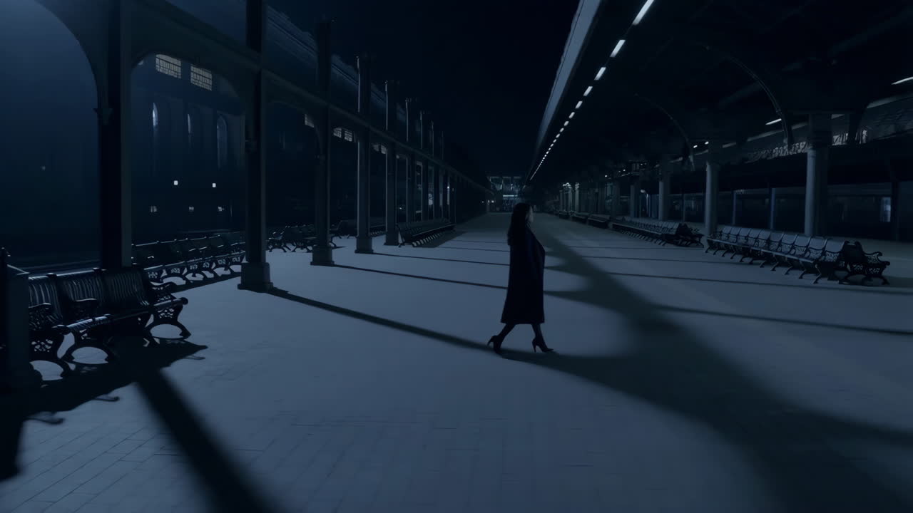 Woman walks alone on a dark, empty train platform at night