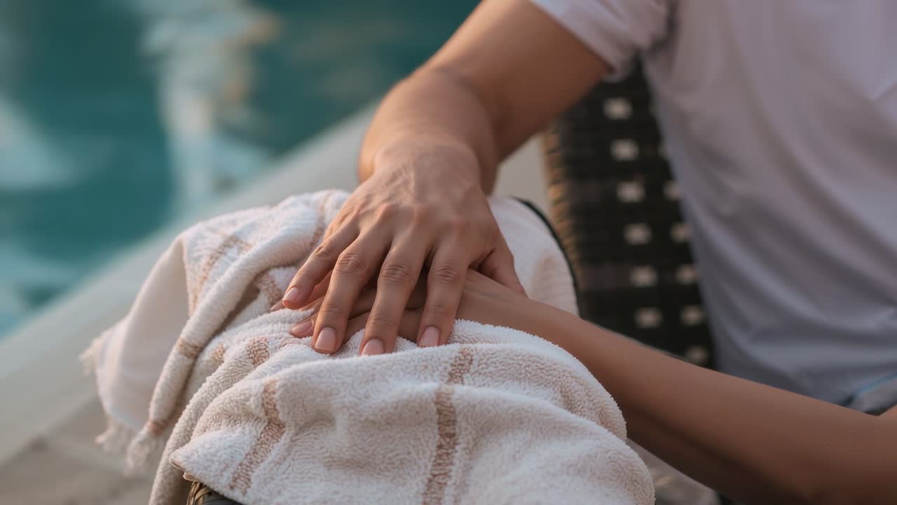 Terapista che rassicura il cliente a bordo piscina accarezzandogli la mano e asciugandogli il corpo con un asciugamano a righe, indossa una maglietta a maniche corte