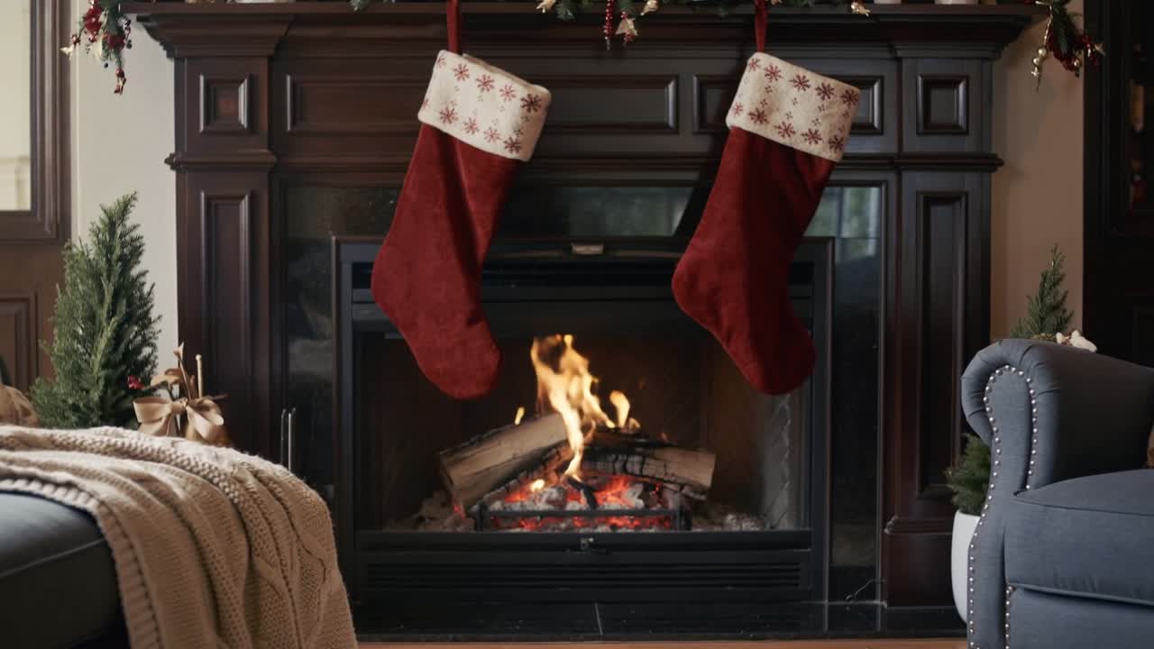 Crackling logs on fireplace mantel sparking dancing flames in living room, with festive stockings
