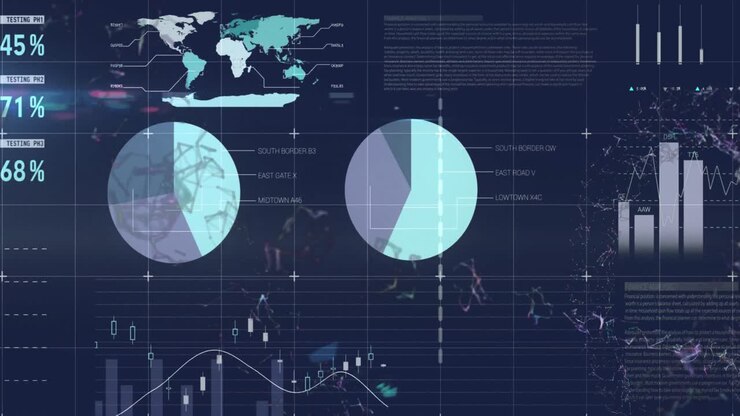 Animation of statistical data processing and digital wave against blue background