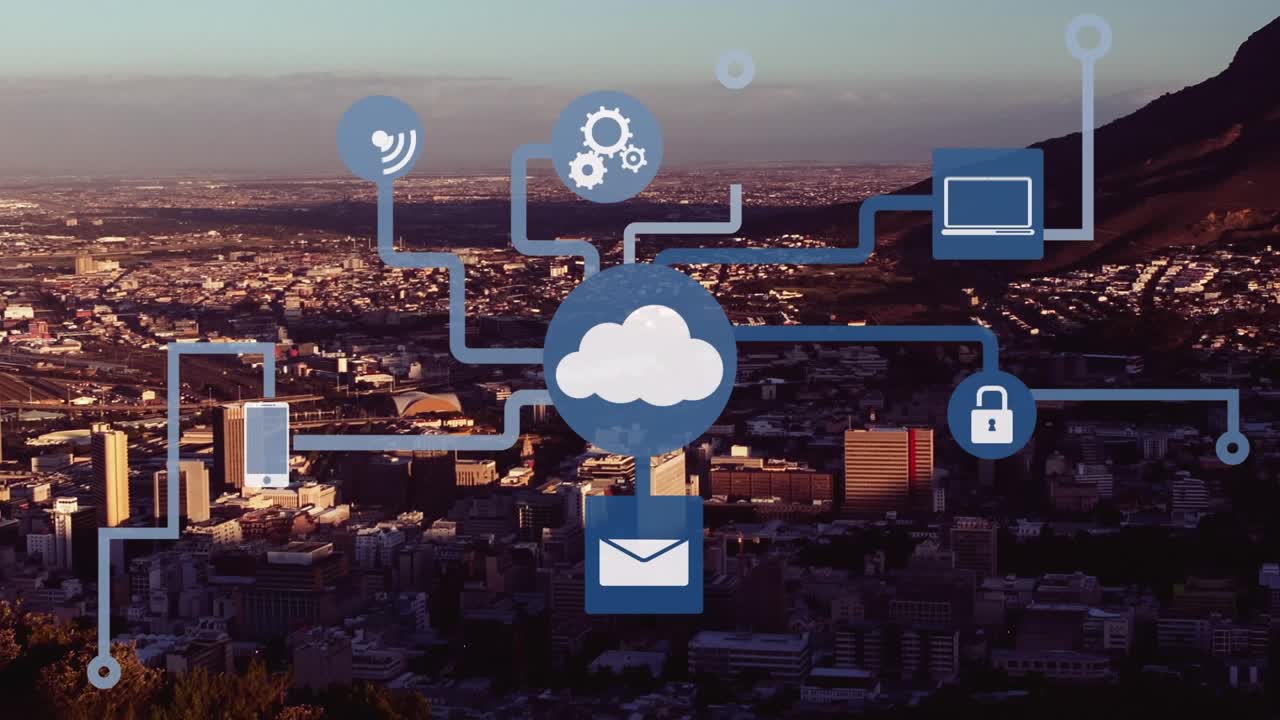 Animation of flow chart of icons over aerial view of modern cityscape and mountain against clear sky