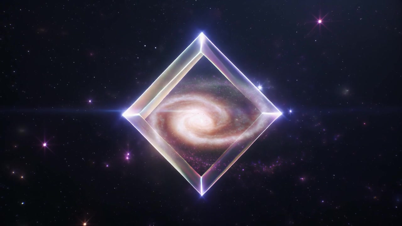 Galassia a spirale che ruota all'interno di un cubo geometrico luminoso nello spazio profondo.