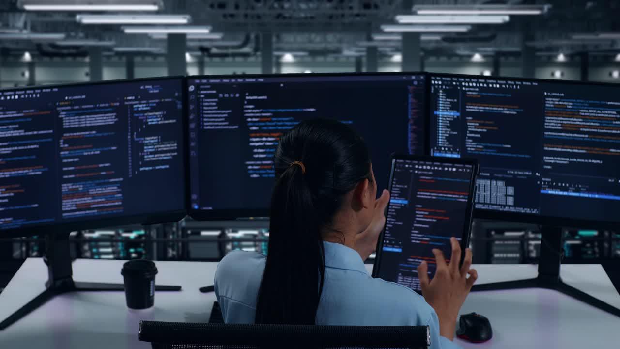 vista trasera de una desarrolladora asiática trabajando con una tableta mientras escribe código con múltiples pantallas de computadora en un centro de datos