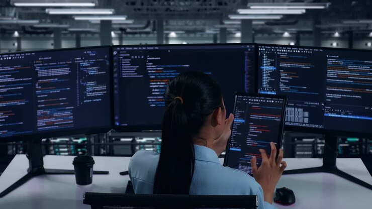 rücksicht auf eine asiatische entwicklerin, die mit einem tablet arbeitet, während sie code mit mehreren computerbildschirmen im datenzentrum schreibt