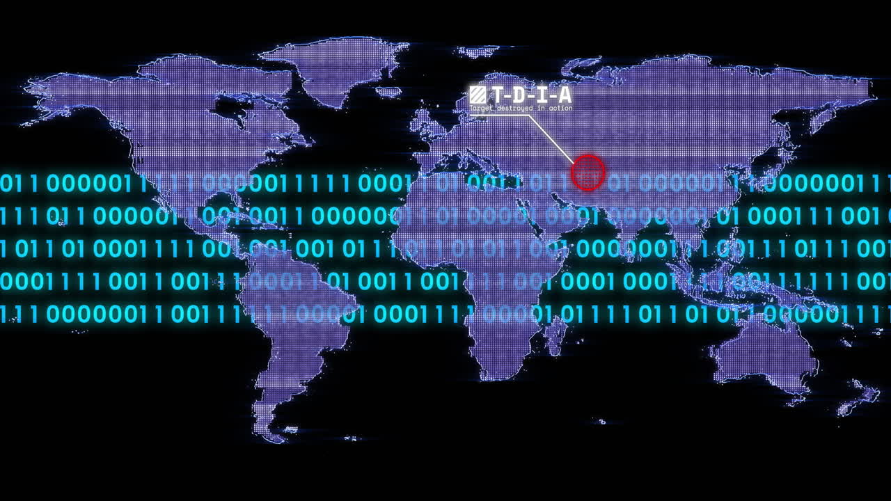 Displaying purple dotted world map scrolling teal binary code marking Asia-Pacific over red ring