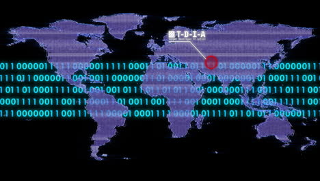displaying purple dotted world map scrolling teal binary code marking asia-pacific over red ring