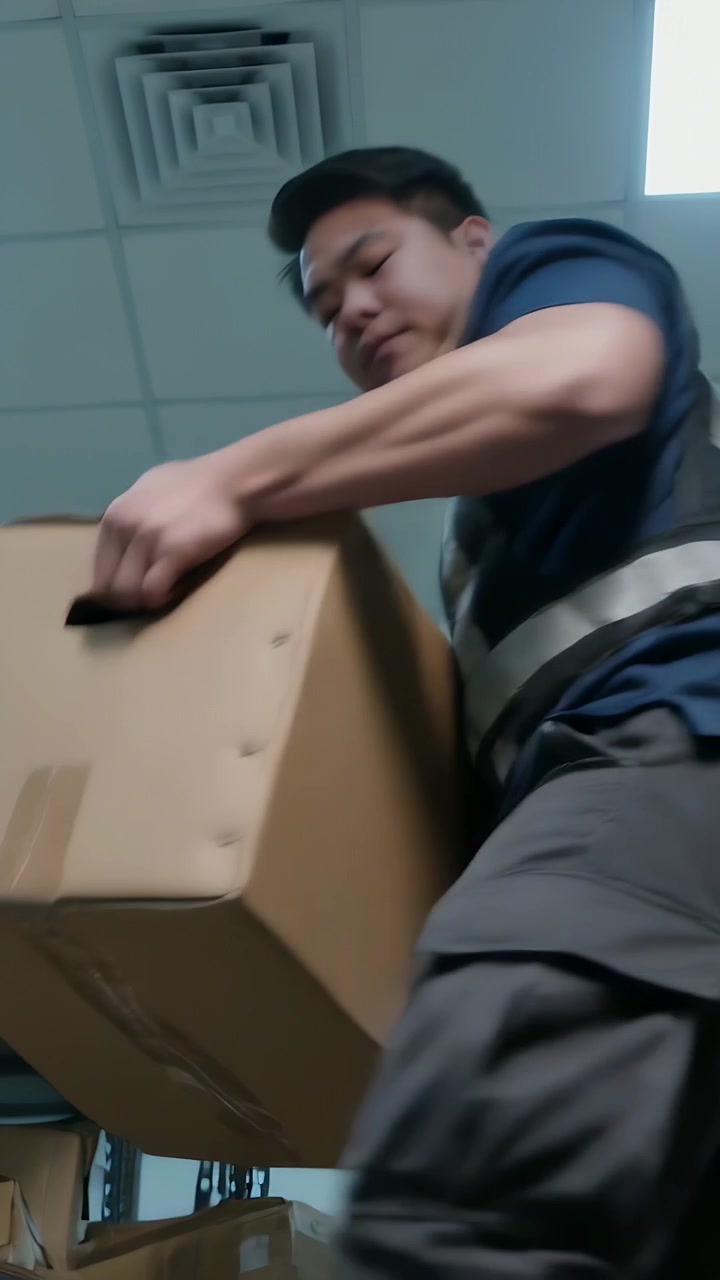 Vertical video: Reaching worker wearing safety vest securing, lifting box at warehouse for sorting