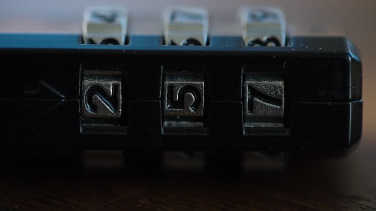 Extreme macro shot of a dusty combination padlock sitting on a wooden table while shadows of people walking by flicker across the surface