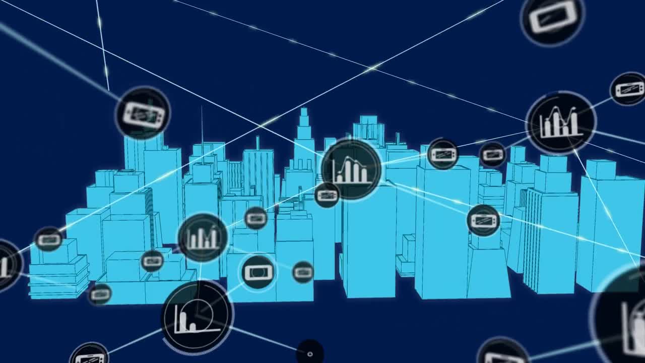 3d 건축 도시 모델 위의 아이콘으로 연결 네트워크의 애니메이션