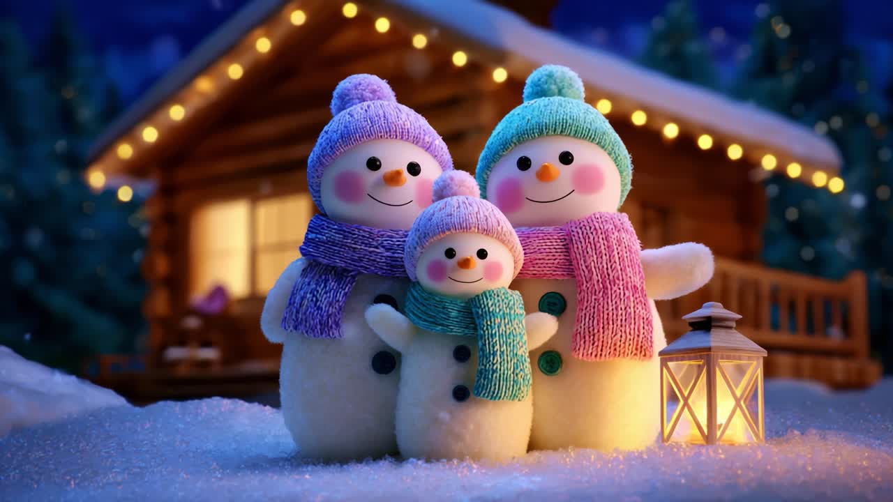 Three Joyful Snowmen Stand Together in a Winter Wonderland, Decorated with Colorful Scarves and Hats, Radiating Warmth and Happiness Against a Cozy Cabin Backdrop Filled with Holiday Cheer