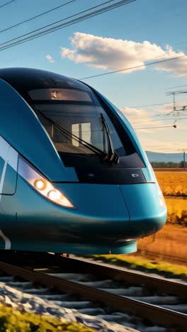 modern electric train traveling through a scenic landscape at sunset