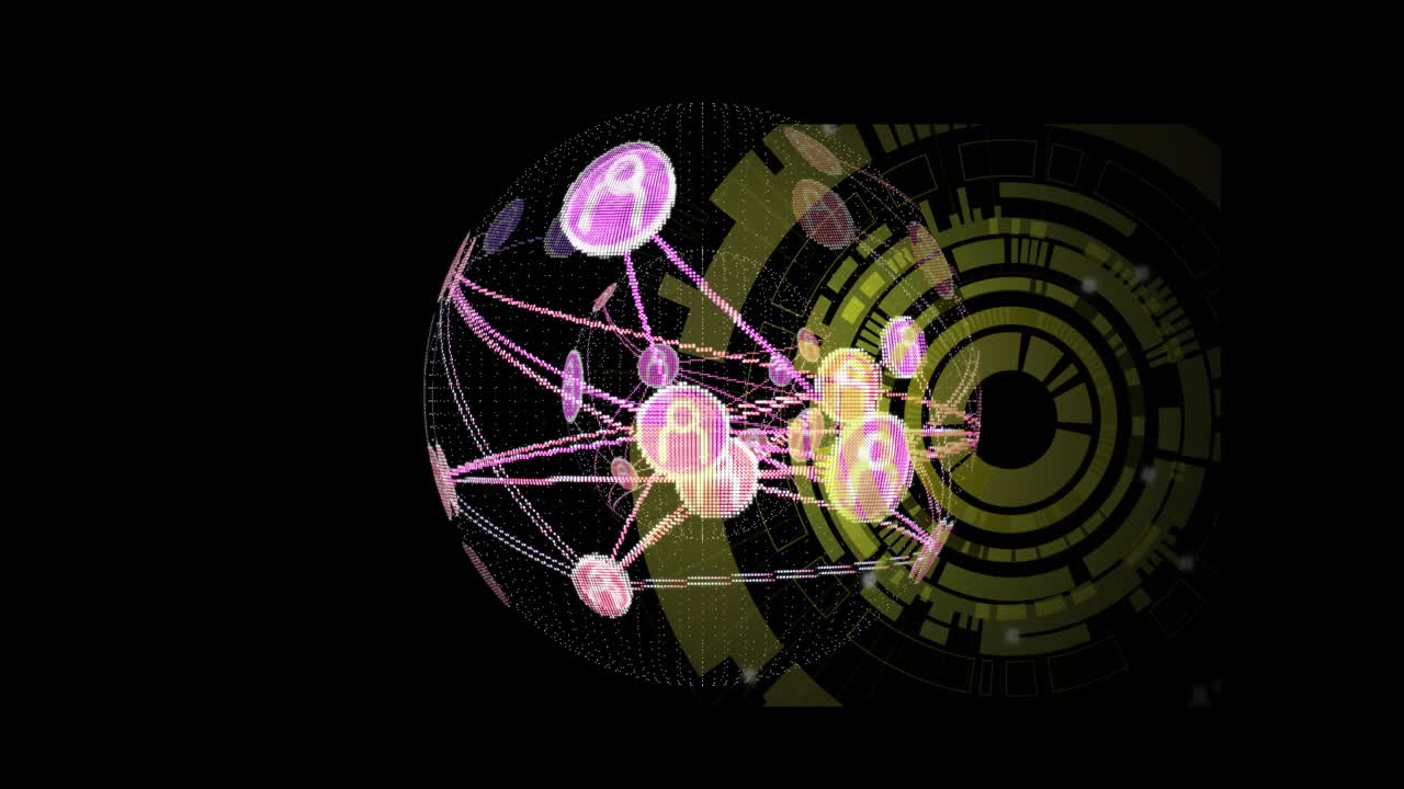 Digital animation showing network of interconnected nodes on dark background