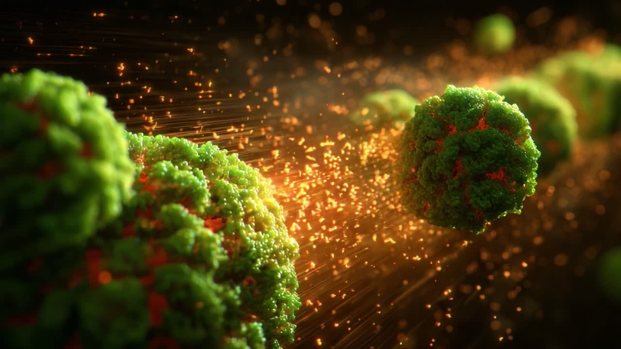Visualizzazione dinamica di organismi microscopici in movimento, che mette in risalto le loro strutture intricate e i colori vibranti su uno sfondo di particelle scintillanti