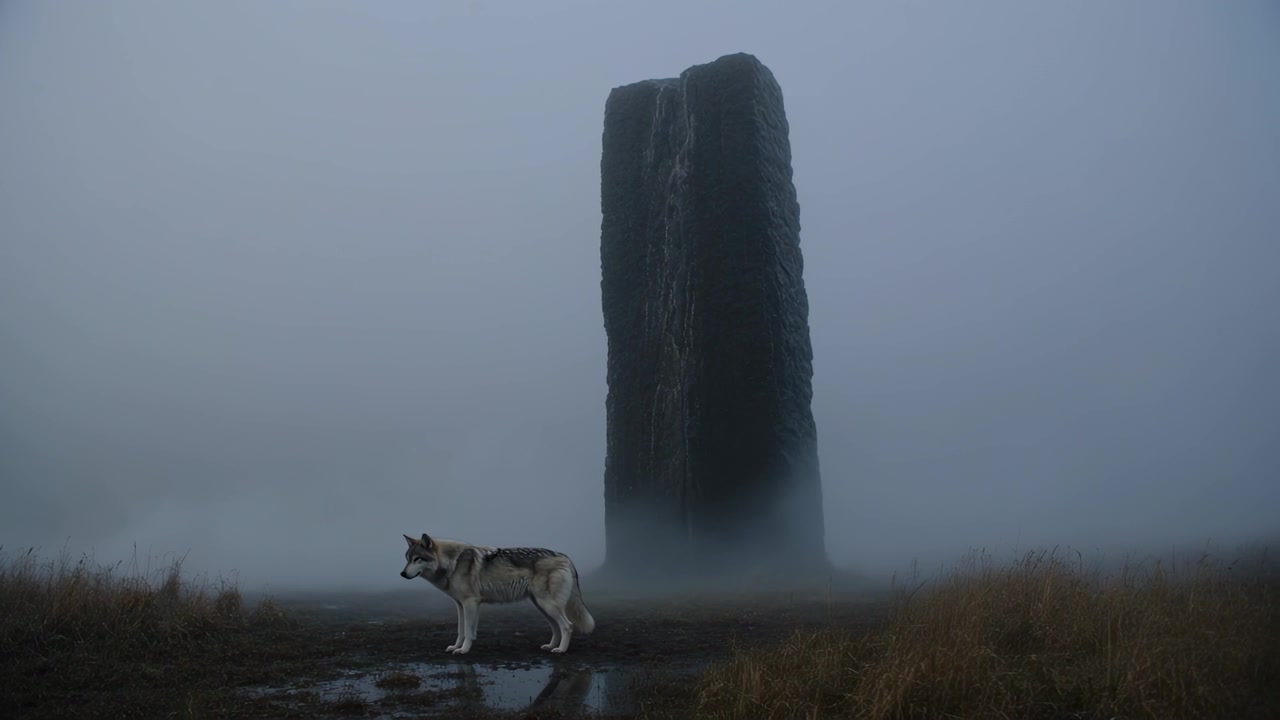 Filmsekvens der viser en ulvelignende hund, der bevæger sig mod venstre langs en mudret hedesti, med en monolit