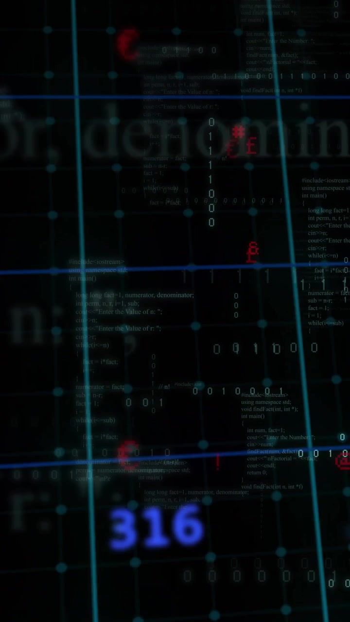 Video verticale: Griglia di caricamento che mostra numeri blu che scorrono, percentuali che compaiono, bit rossi lampeggianti e tendenze in calo.