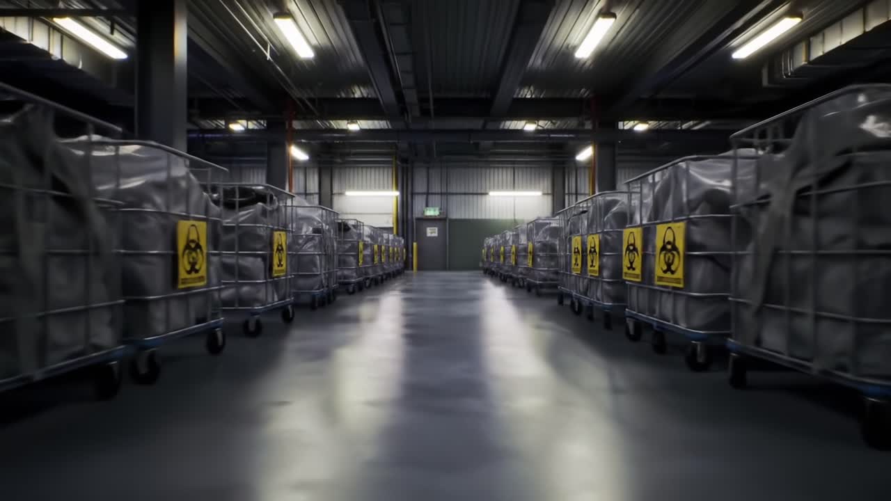 Rows of Hazardous Waste Containers in a Secure Storage Facility, Indicating a Controlled Environment for Toxic Materials Management and Safety Protocols Enforced