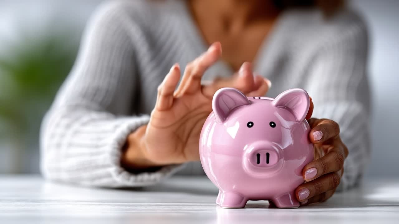 Primer plano de manos femeninas sosteniendo una hucha rosa sobre una mesa para un concepto de ahorro e inversión financiera