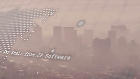animation of world map, globe and data processing against aerial view of cityscape