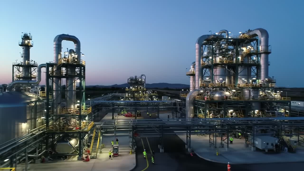 Industrial Facility Showcases Operations and Workers During Dusk in a Significant Production Area