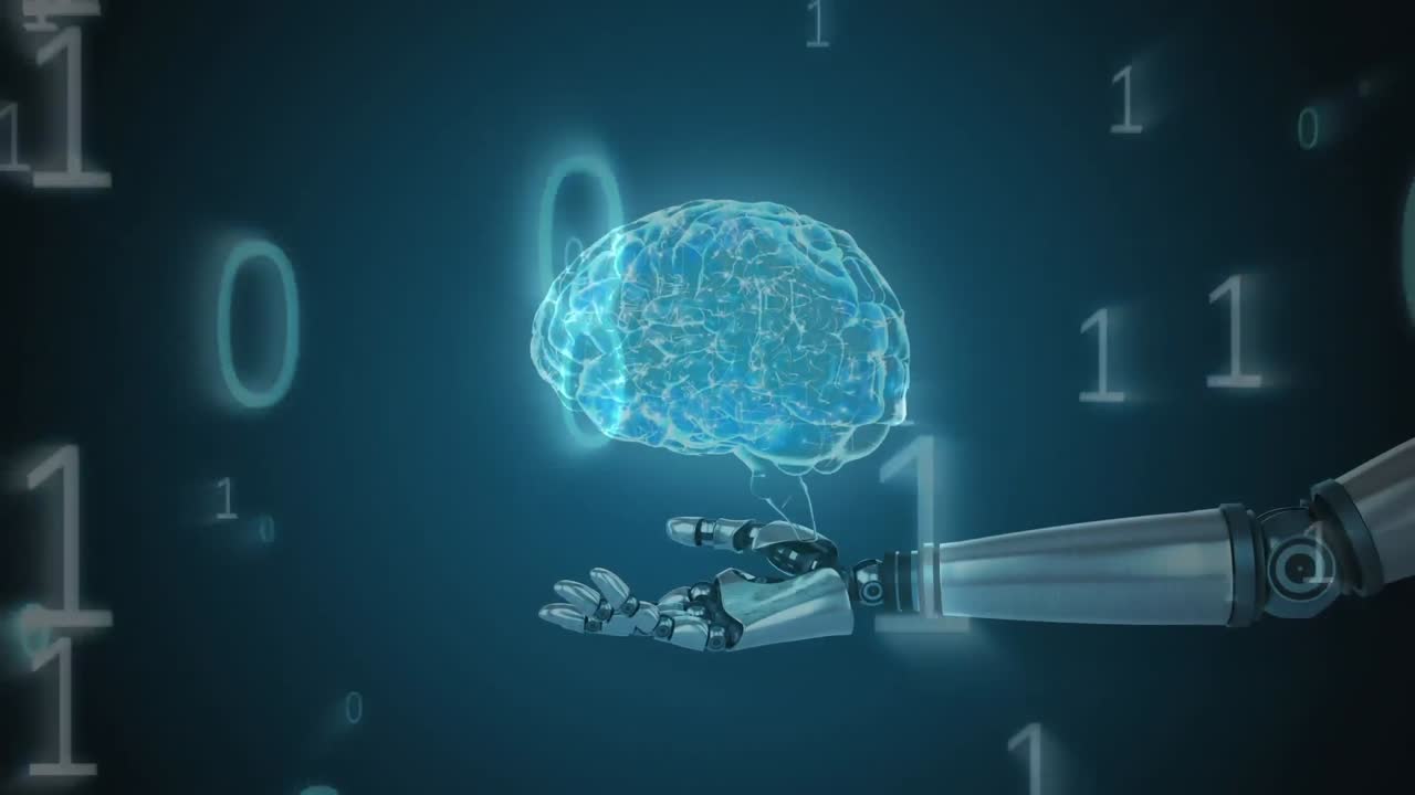 brazo robótico girando cerebro animado y números binarios en movimiento en el fondo