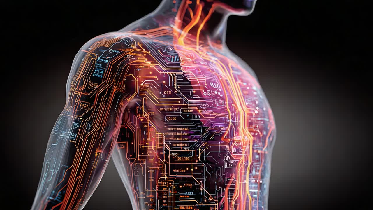 Una rappresentazione futuristica del corpo umano che integra circuiti complessi e vivaci linee energetiche, che simboleggia l'intersezione tra biologia e tecnologia