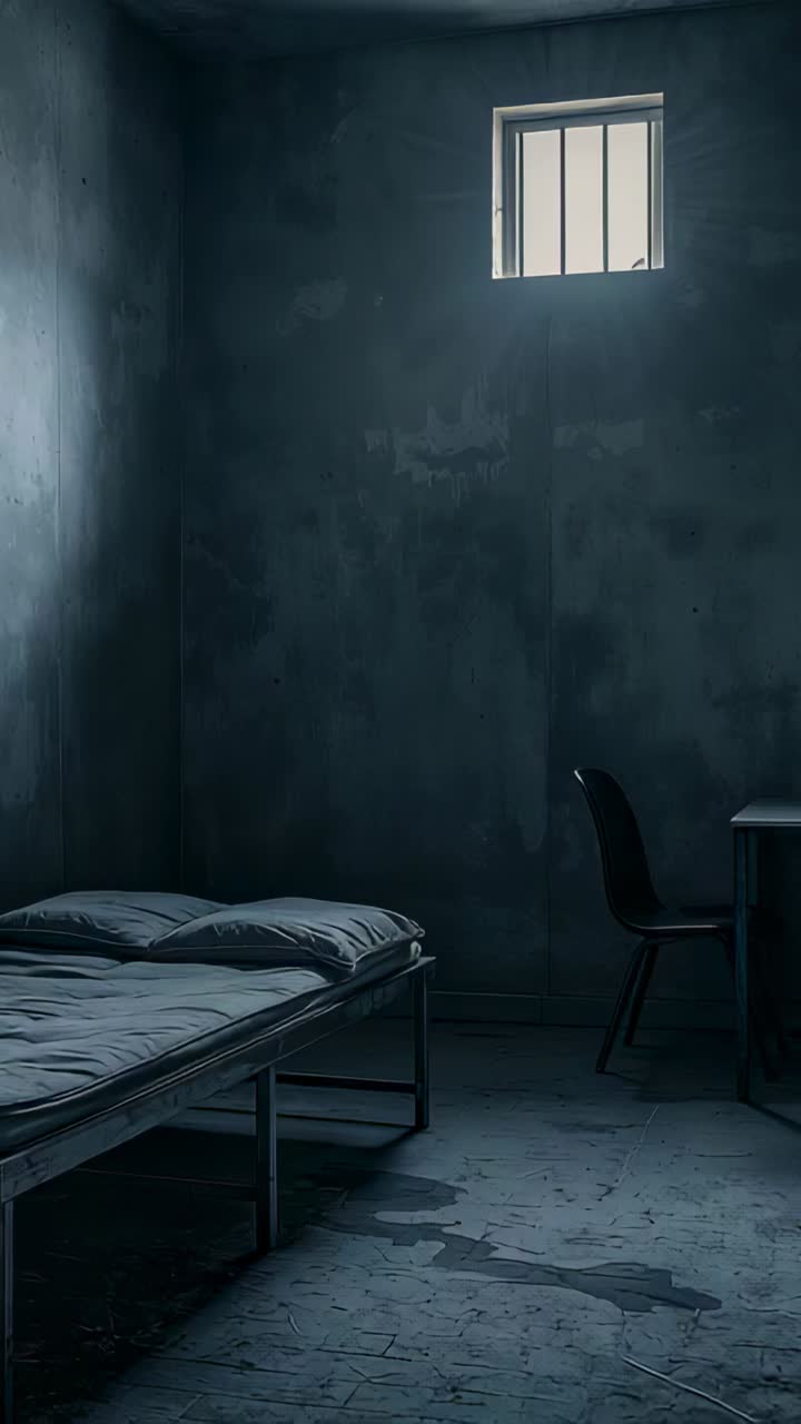 Vertical video: Camera starting recording, showing metal bed on left of room with barred window