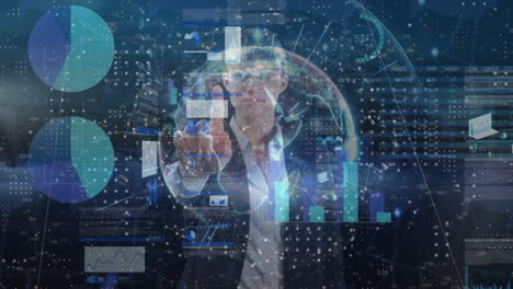 animación de pantalla digital con datos, gráficos y hombre de negocios caucásico
