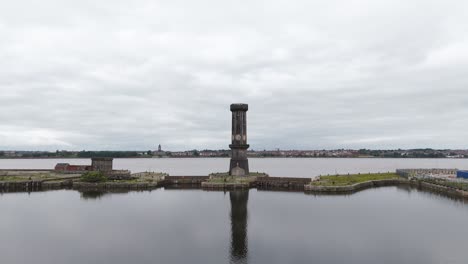 victoria tower at salisbury dock, liverpool, uk. aerial forward at low altitude, copy space