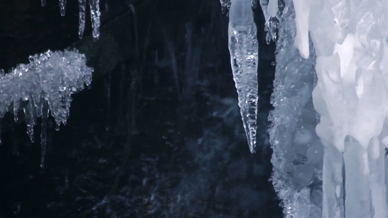 Icicles and water drops. Winter waterfall. Winter icicles. Melting ice