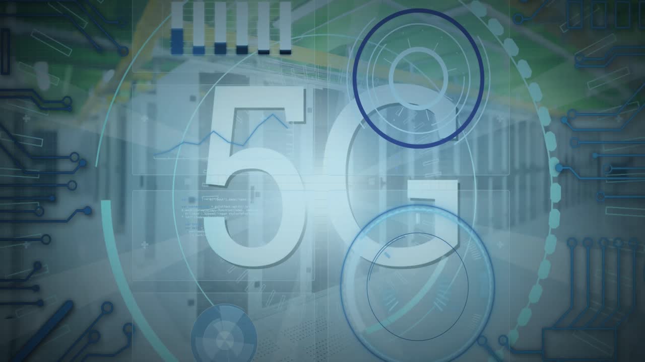 animación de texto 5g, escaneo de alcances y procesamiento de datos a través de servidores