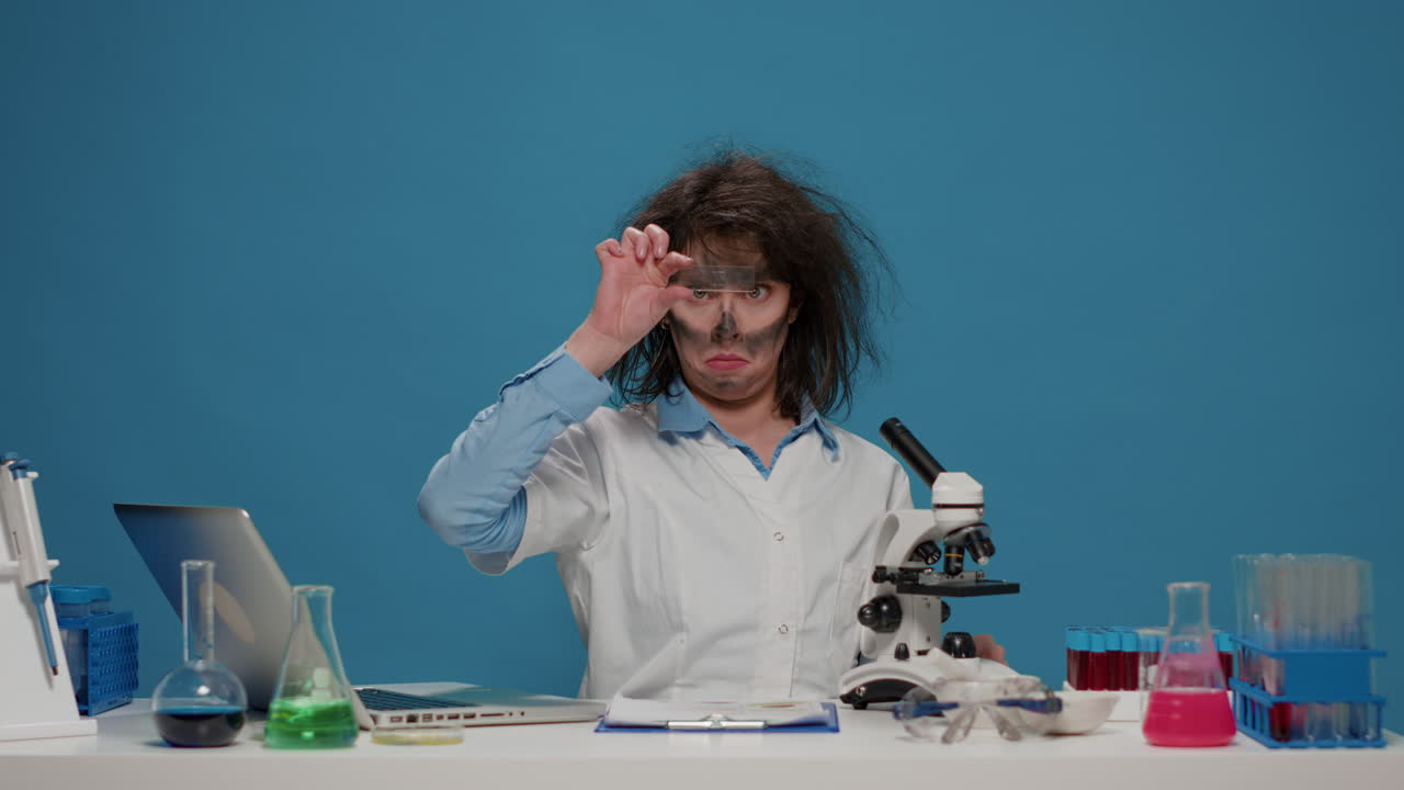 Goofy mad female researcher using microscope at desk