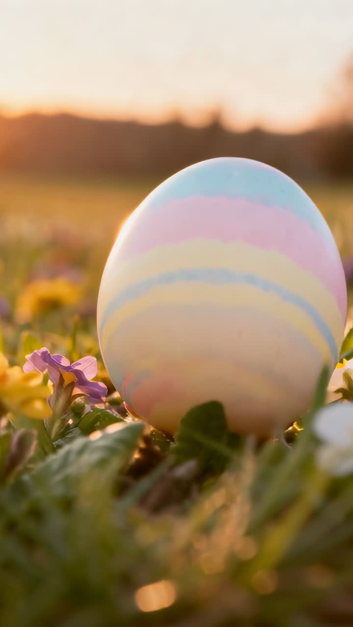 Vertical video: Rotating camera showing pastel egg turning in grass at sunset, with wildflowers