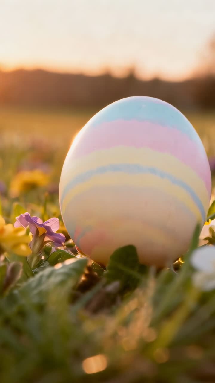 Vertical video: Rotating camera showing pastel egg turning in grass at sunset, with wildflowers