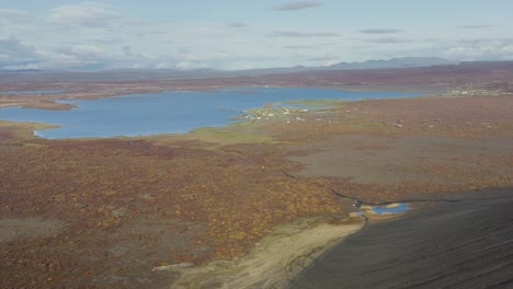 Aerial-wide-shot-of-scenic-landscape-of-Iceland-with-Myvatn-lake-in-autumn