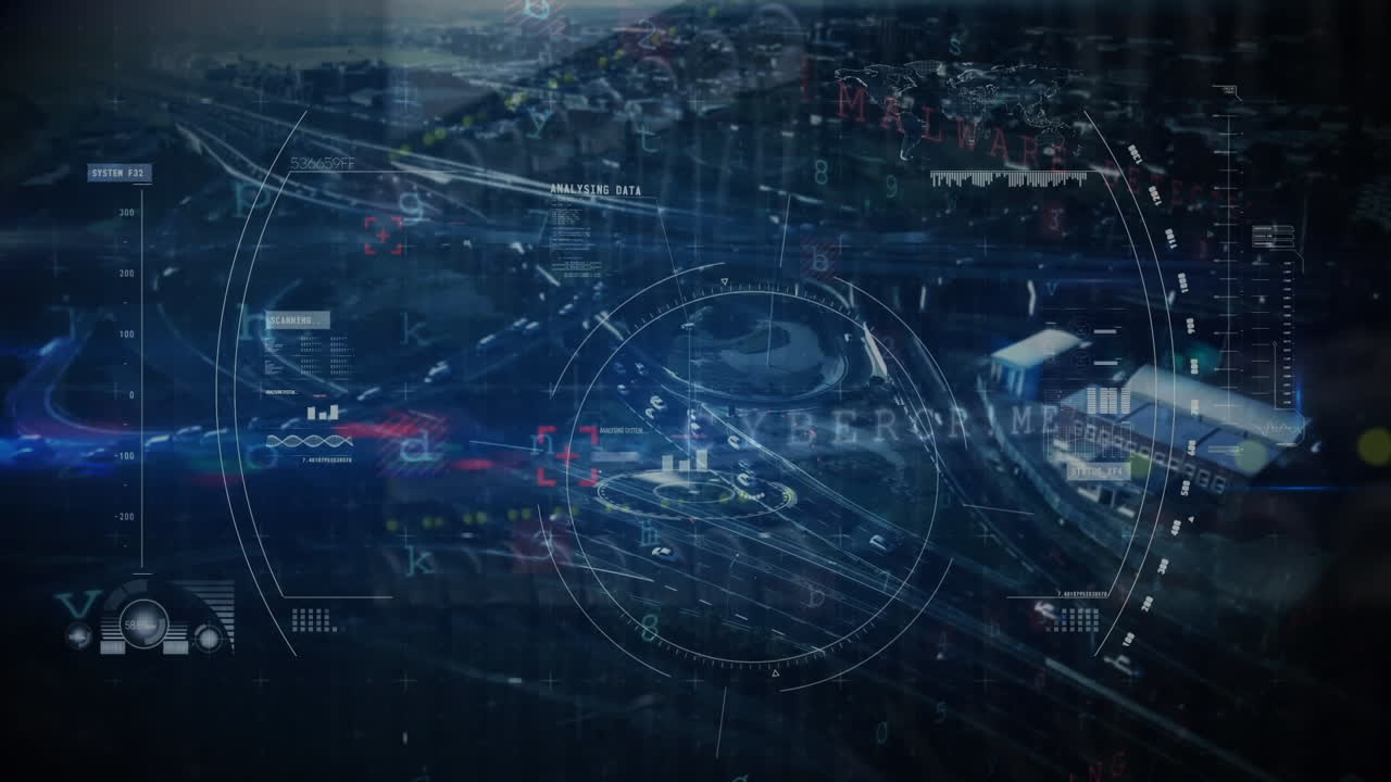 Animazione di elaborazione dati e icone di sicurezza su paesaggio urbano