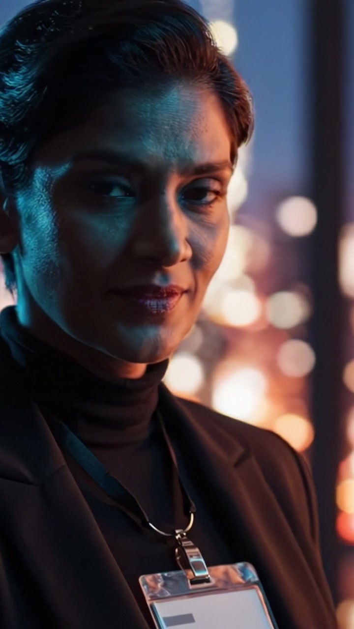 A Confident Business Professional at Night Overlooking a Cityscape With a Bright Skyline and Bokeh Effect That Highlights Ambition and Determination