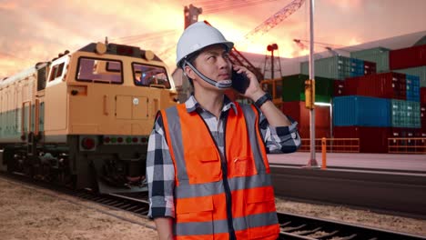 worker talking on phone at rail yard