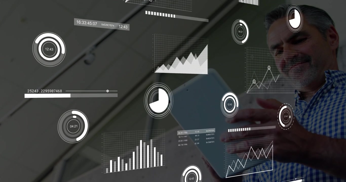 Business professional tapping tablet and swiping screen, animating data charts over blurred ceiling