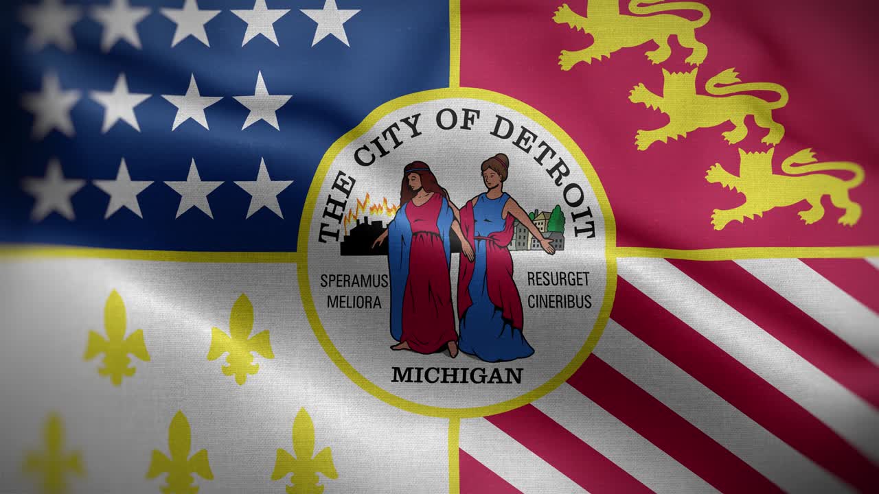 Fondo animado 4K de la bandera de Detroit, Míchigan, EE. UU.