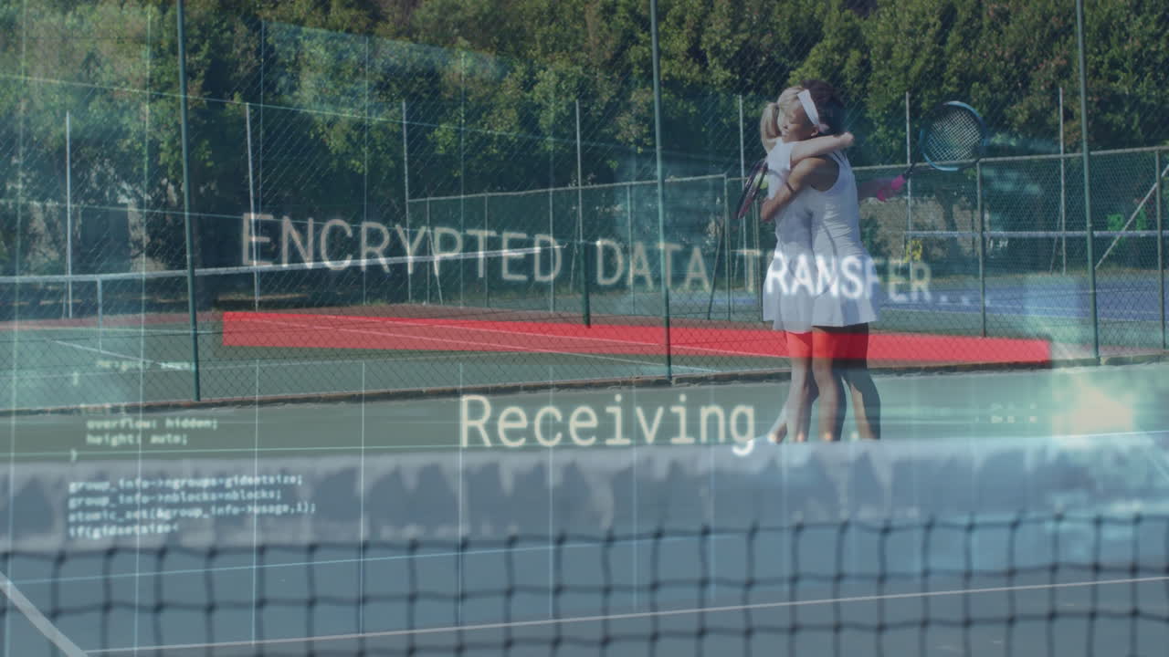 Two tennis players hugging near net, displaying encrypted data transfer code snippets