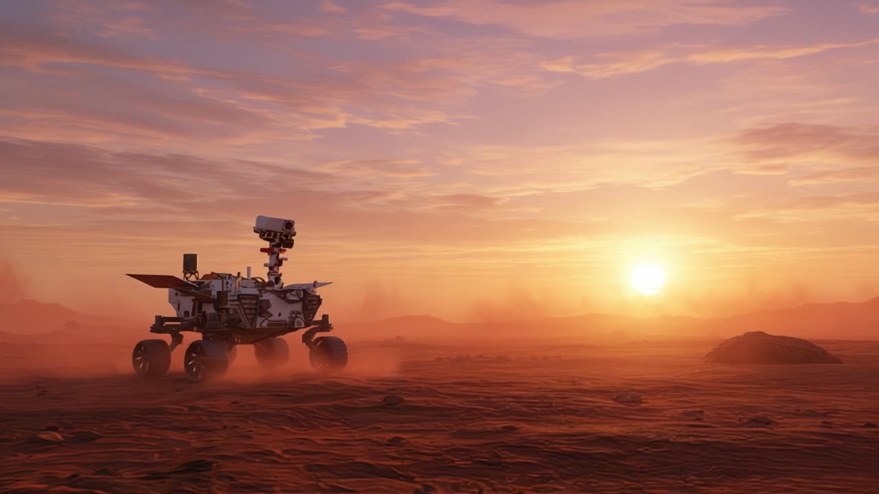Exploration of the Martian Landscape: A Robotic Rover Navigating Through the Dusty Terrain at Sunset, Capturing the Spirit of Space Discovery and Innovation