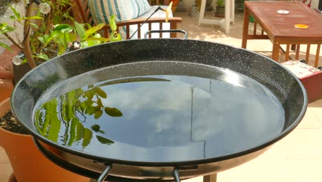 close up shot over heating olive oil in a pan for cooking traditional spanish dish paella in valencia, spain at daytime