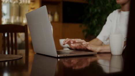 mujer trabajando en una computadora portátil en el comedor
