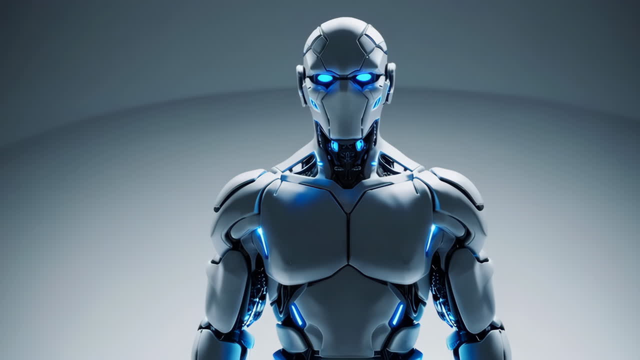 Futuristic White Robot with Blue Luminous Accents