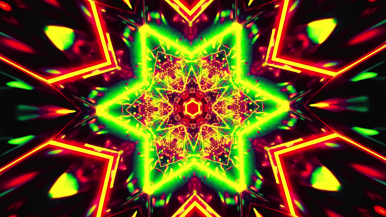 Tunnel caleidoscopico ipnotico con forme geometriche luminose