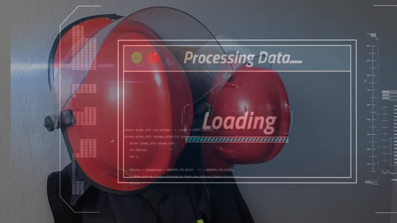 Processing overlay appearing, camera nudging helmet to frame, loading bar advancing showing status
