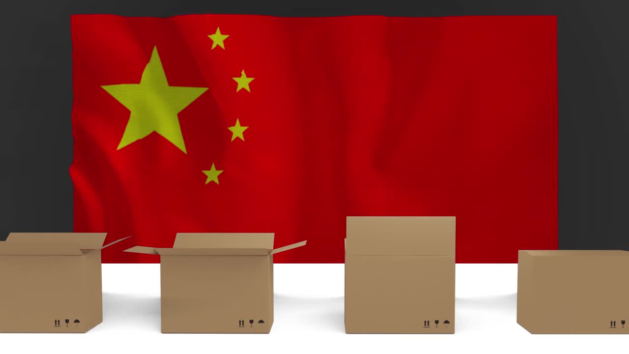 中国の国旗の上にコンベアベルト上の段ボール箱のアニメーション