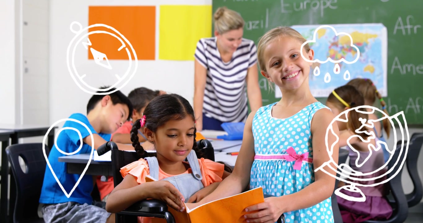 Animation of school concept icons over caucasian girl holding a book and smiling at school